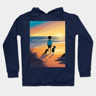 child playing with a dog on the beach. Hoodie